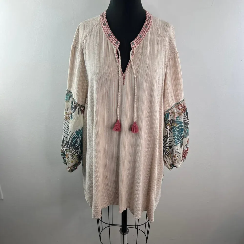 Johnny Was Effortless Peasant Top Puff Tropical Floral Tassel-Tie Split Neck 1X